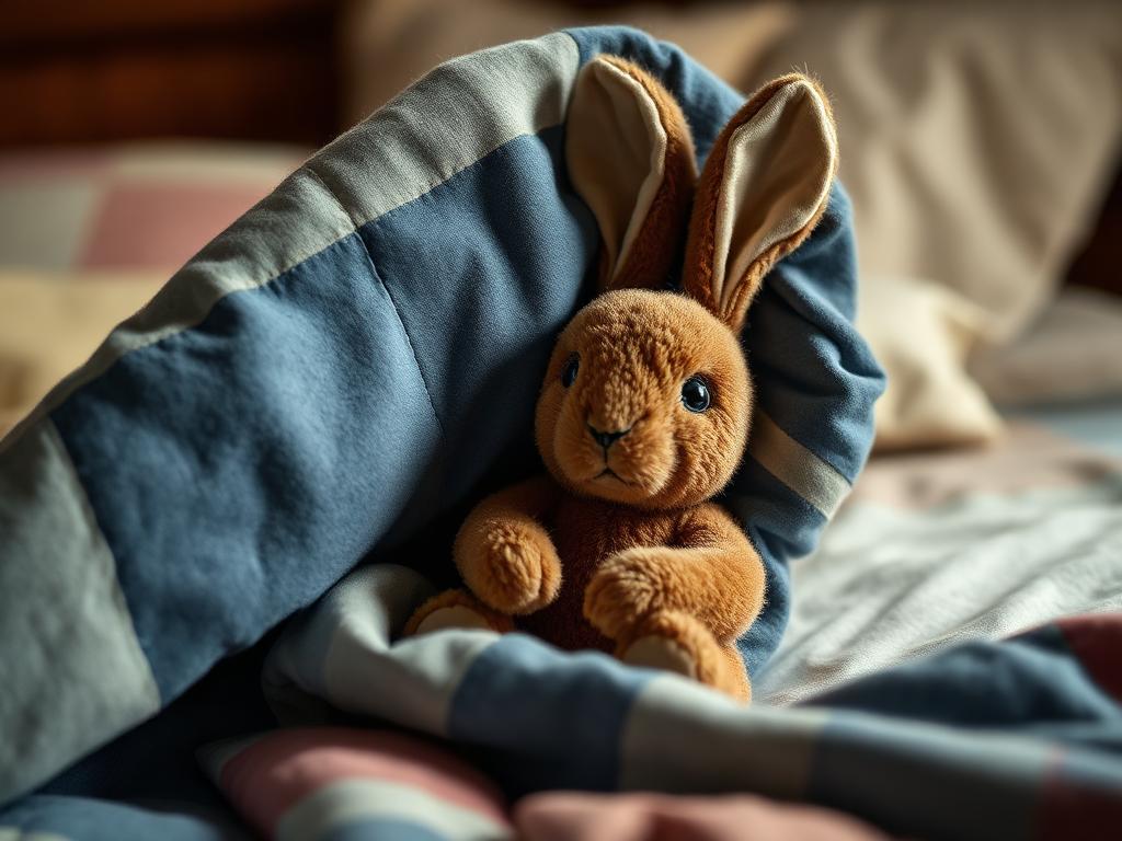 Velvet rabbit tucked under a blue patchwork blanket